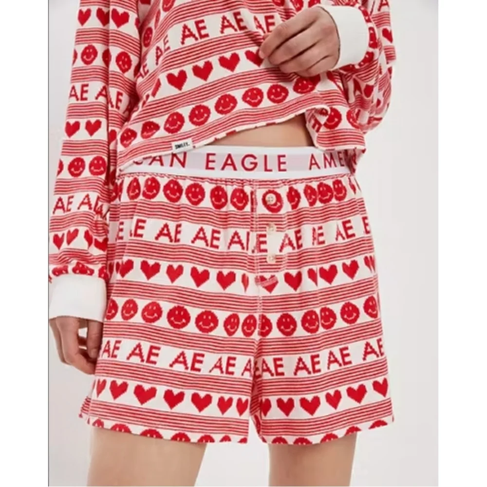 NEW American Eagle Heart Smiley Long Sleeve & Shorts Lounge Pajama Set Size XL
